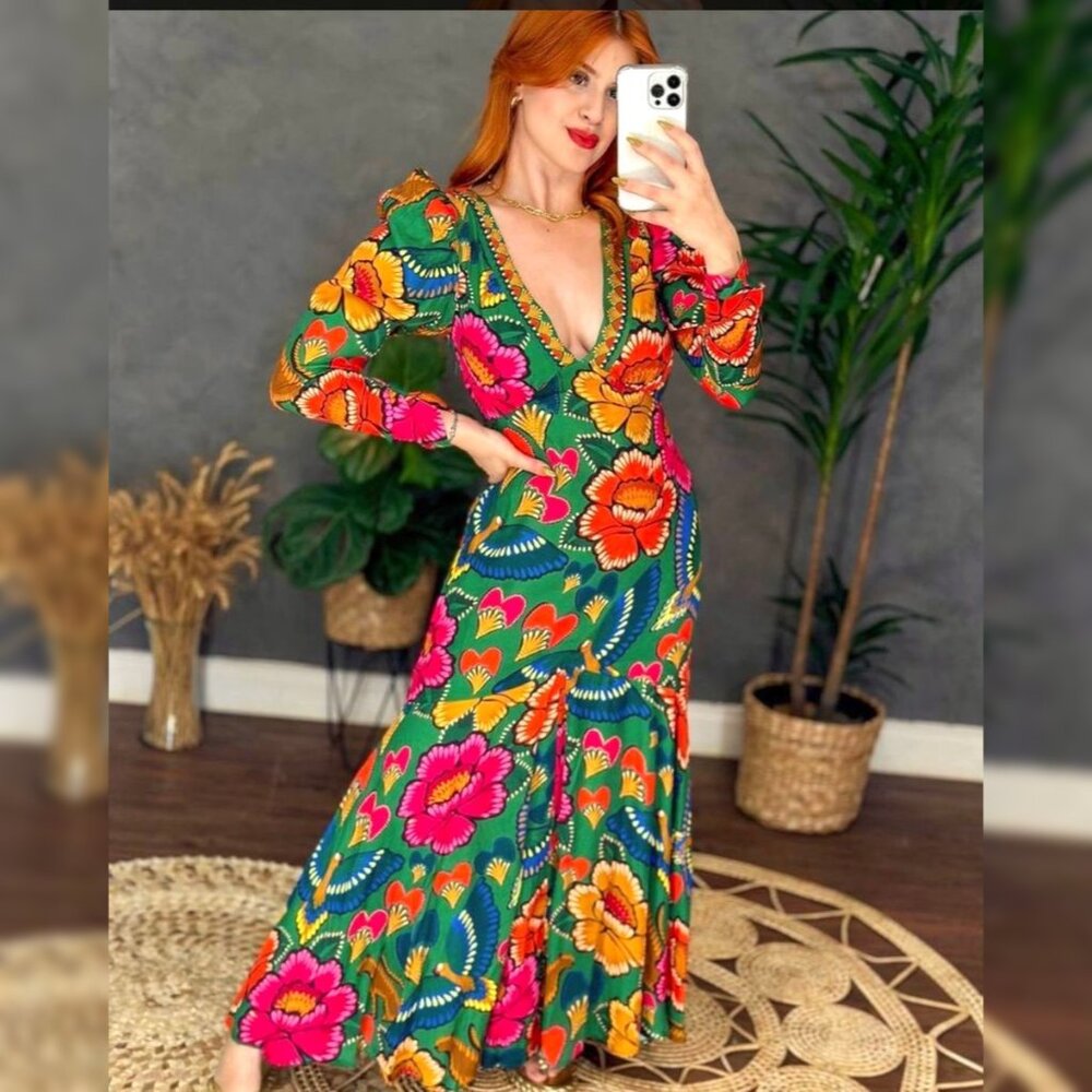 FARM Rio Green Maxi Dress with Pink & Orange Floral Print